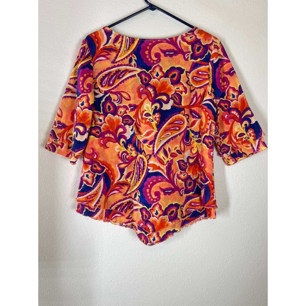Soft Surroundings PM Orange Purple Paisley Cotton 3/4 Sleeve Lettuce Hem Top - Picture 5 of 10
